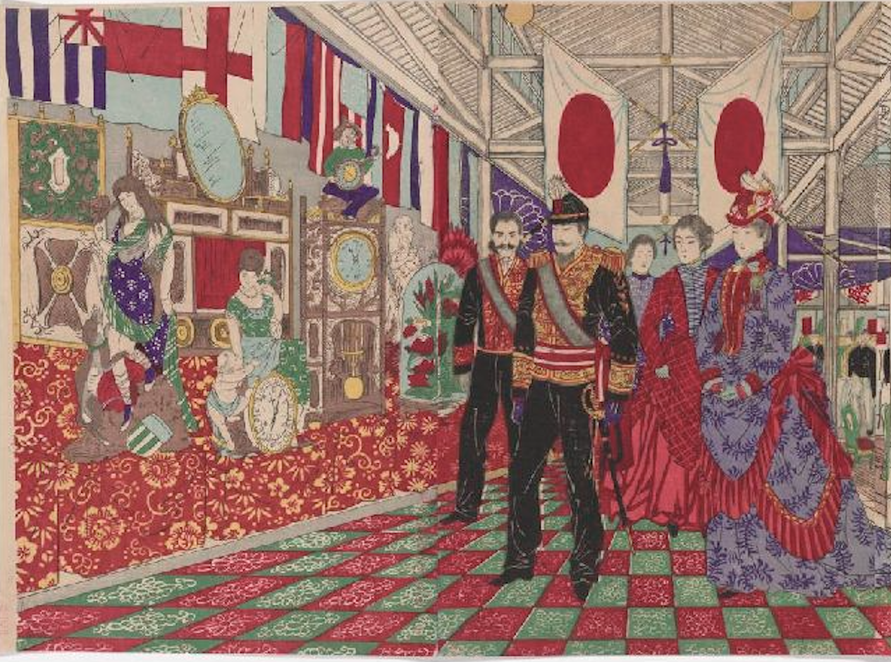 東洲 勝月 Tōshū Shōgetsu (creator). "上野公園地第三回内国勧業博覧会之図 Ueno kōen dai 3-kai naikoku kangyō hakurankai no zu" (The Third Domestic Industrial Exhibition at Ueno Park). The scene depicts Westernization in the Meiji era. Hoover Institution Library & Archives