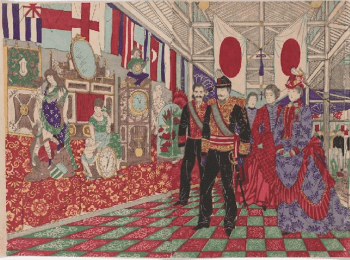 東洲 勝月 Tōshū Shōgetsu (creator). "上野公園地第三回内国勧業博覧会之図 Ueno kōen dai 3-kai naikoku kangyō hakurankai no zu" (The Third Domestic Industrial Exhibition at Ueno Park). The scene depicts Westernization in the Meiji era. Hoover Institution Library & Archives