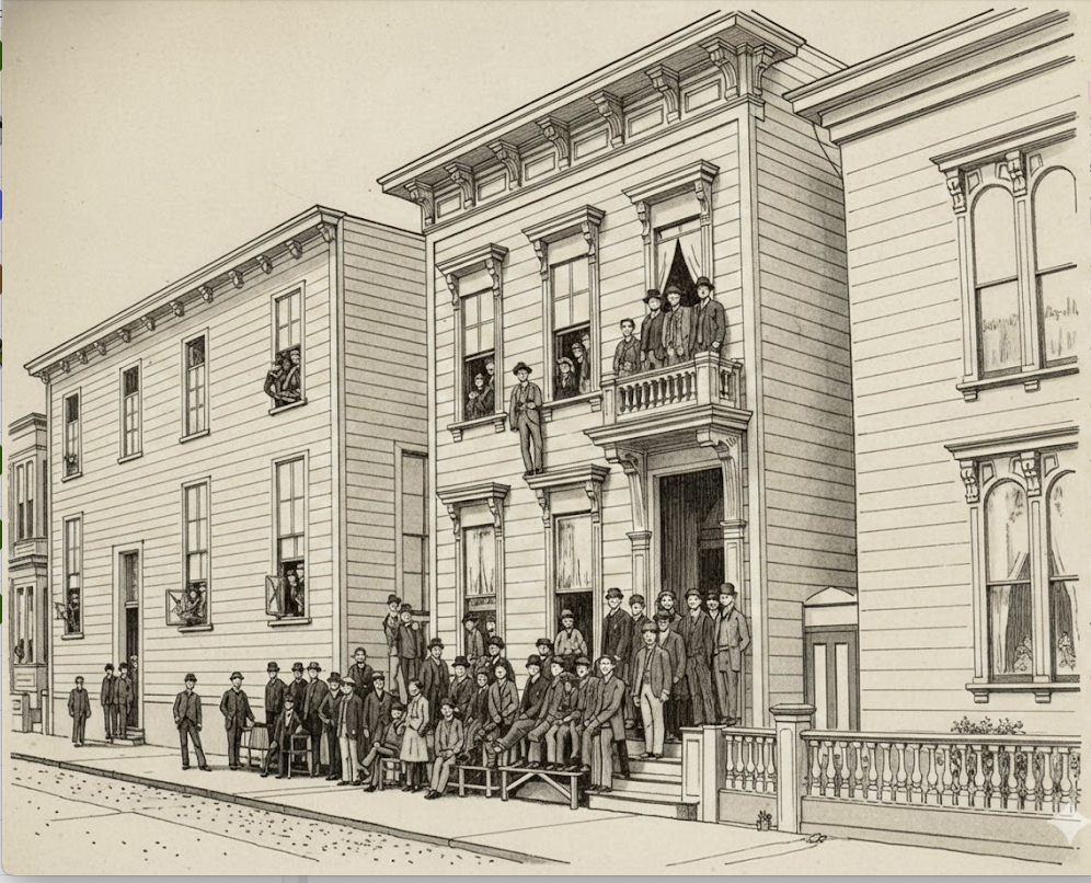 Fukuinkai Members in San Francisco in 1887. Reproduced from 先駆九十年美山貫一と其時代　(Ninety Years of Pioneering: Kan'ichi Miyama and His Era) by 今泉源吉 (Genkichi Imaizumi), 1942. It also shows the sensei's living quarters on the second floor of the central building, the dining room below, and the sensei standing on the middle step of the entrance.